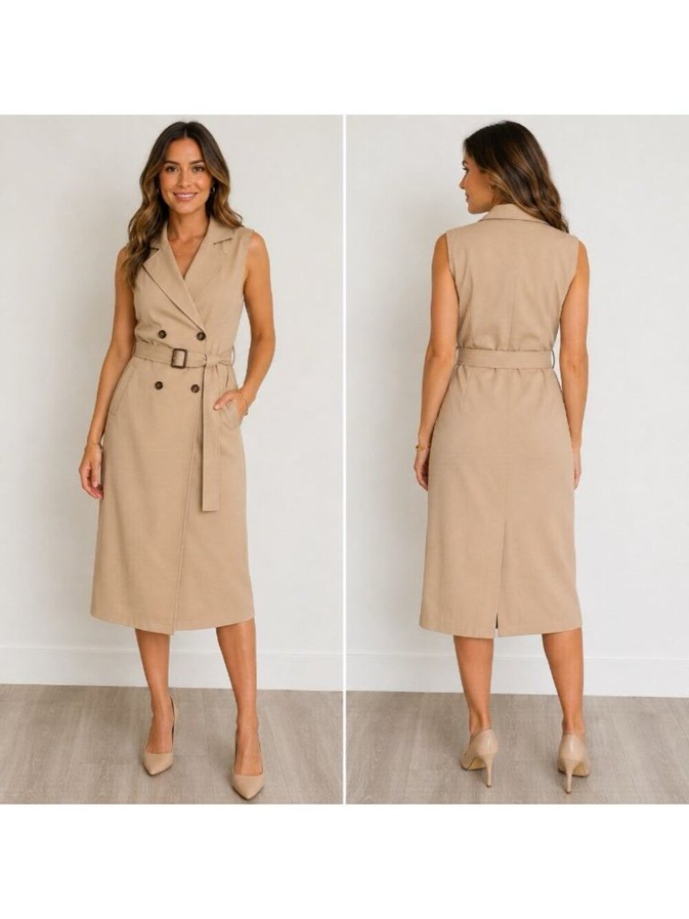 iO Women’s Medium Beige Sleeveless Belted Trench Dress Double Breasted Midi